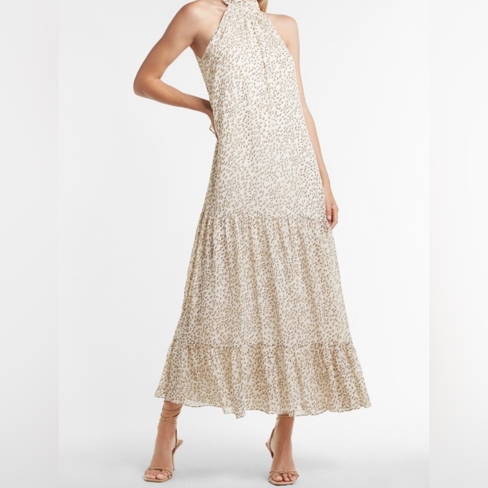 Express Leopard Tiered High Neck Maxi Dress Small